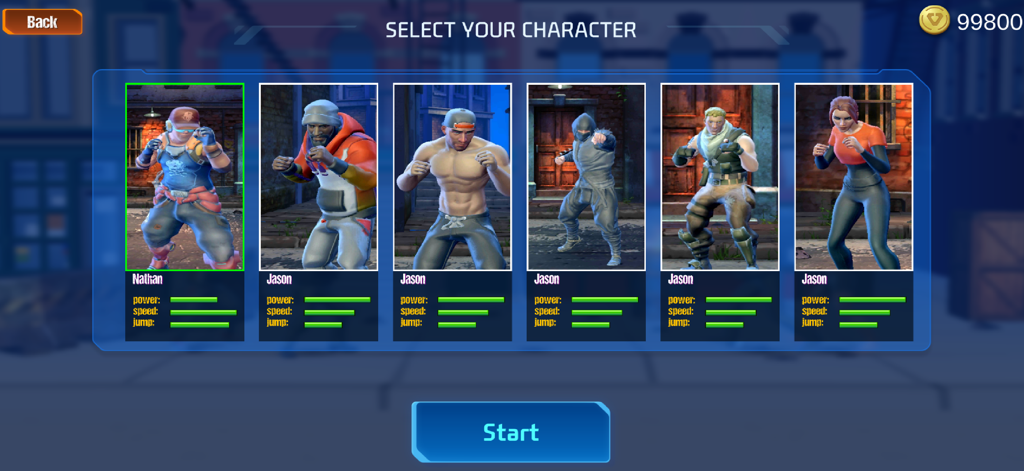 Street Combat :Grounds Fighter - Menú de selección de personajes en Street Combat Grounds Fighter mostrando seis luchadores diferentes con sus estadísticas de poder, velocidad y salto.