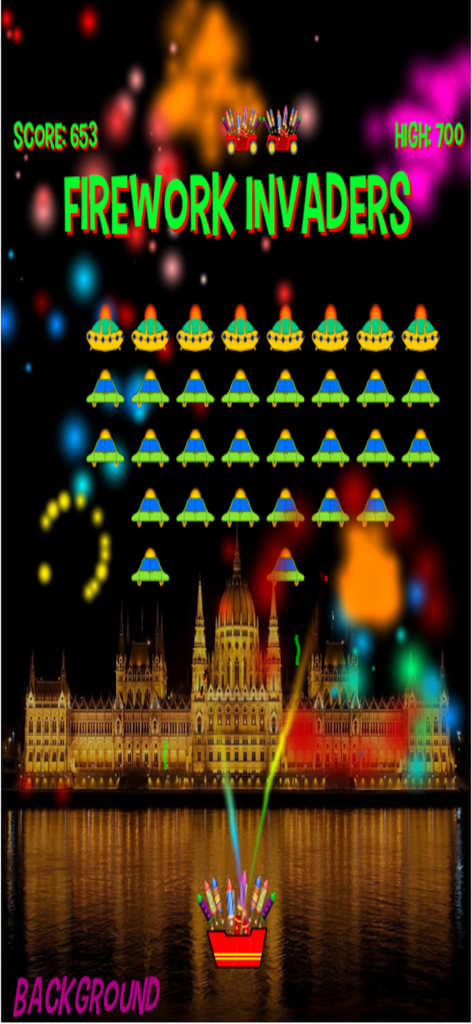 Firework Invaders Pro - Firework Invaders Pro arcade gameplay with firework rockets and alien ships over the Hungarian Parliament