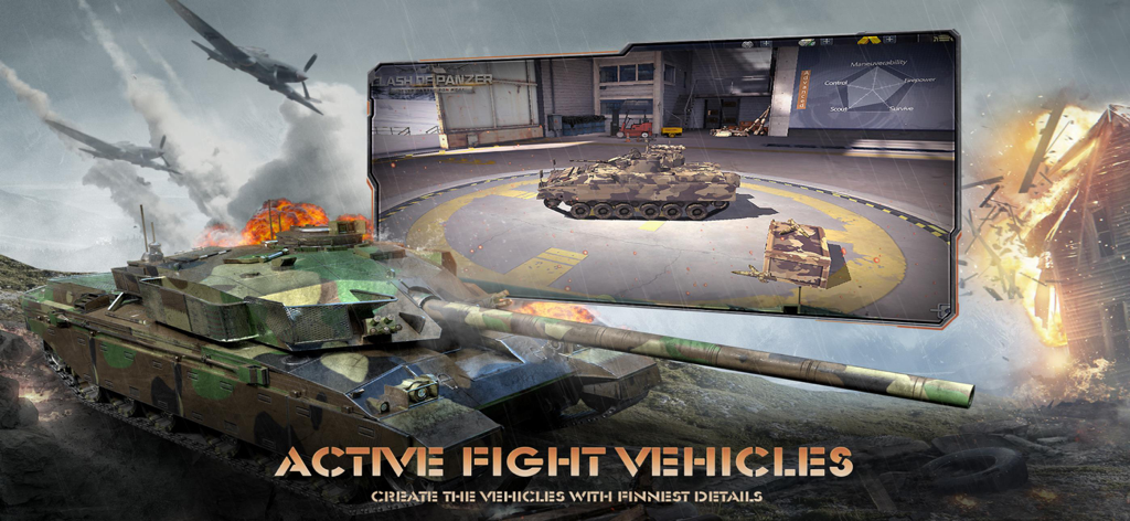 Clash of Panzer - A battle scene in Clash of Panzer showing a detailed tank in the foreground and a vehicle customization garage with performance stats.