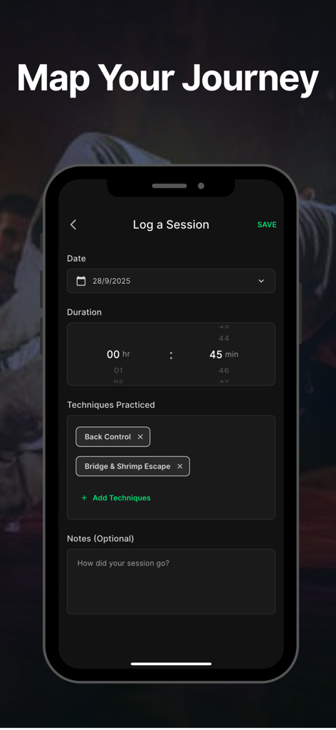 TapFlow: BJJ Timer & Drills - Pantalla del registro de sesiones de la aplicación TapFlow que muestra una interfaz para registrar la duración del entrenamiento de BJJ y las técnicas practicadas