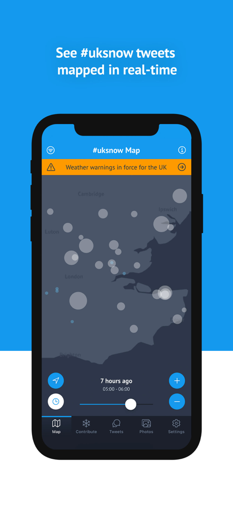 UK Snow Map - Mobile application showing a real-time map of snow reports in the UK based on social media data