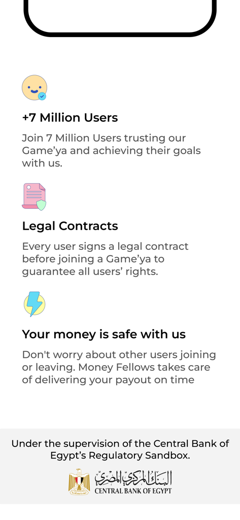 Money Fellows app information screen highlighting seven million users, legal contracts, and Central Bank of Egypt regulation