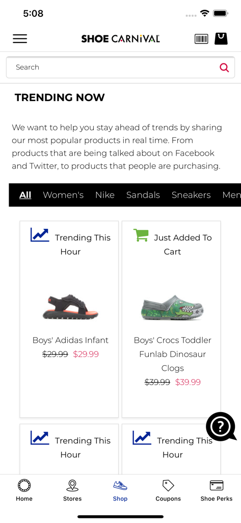 Shoe Carnival - Shoe Carnival app screen showing trending shoes for boys
