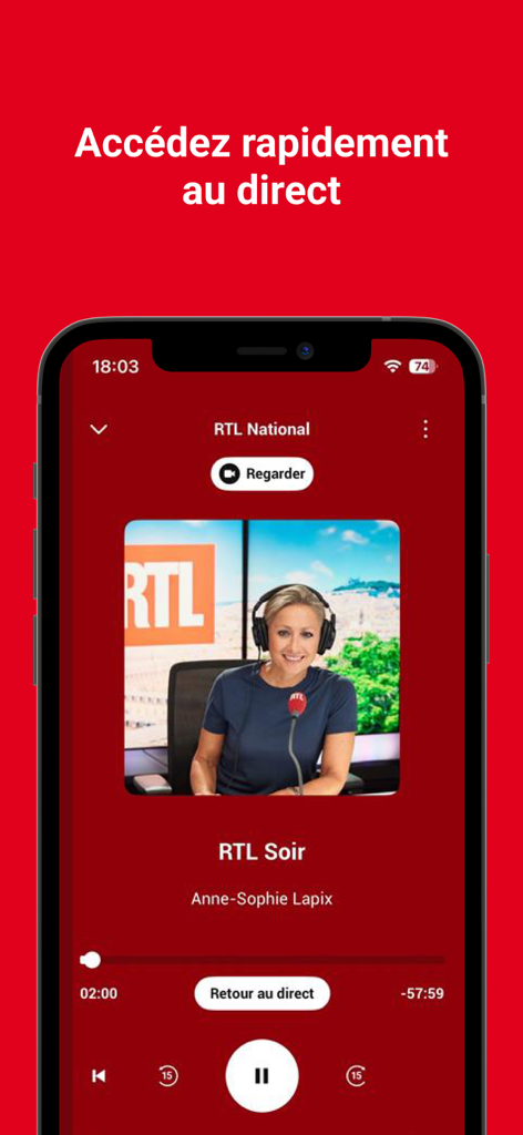 RTL mobile app live player interface showing the show RTL Soir with Anne-Sophie Lapix