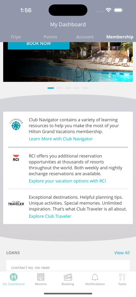 Hilton Grand Vacations app dashboard showing membership resources like Club Navigator and RCI reservation options