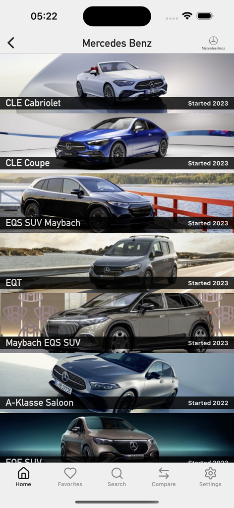 Mobile app screen displaying various Mercedes Benz car models and their launch years