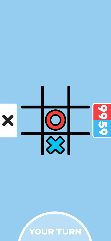 Two Player Game: 1v1 Challenge - Interfaccia del mini-gioco Tris per due giocatori con un cerchio rosso e una croce blu