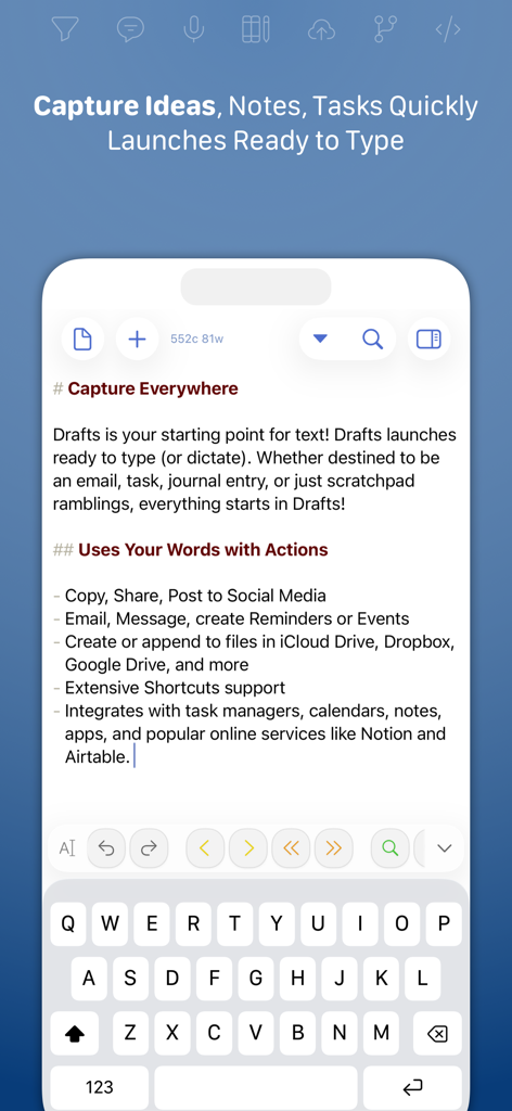 Interface of the Drafts app showing the quick capture screen with a keyboard ready for typing.