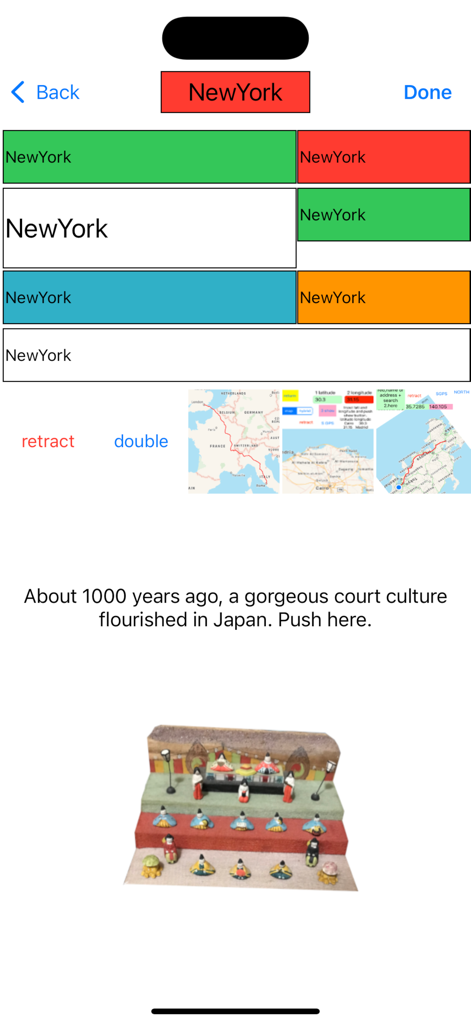 Interface d'application éducative présentant des textes sur la culture de cour japonaise et des figurines traditionnelles