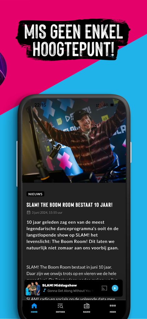 Nachrichten-Oberfläche der SLAM!-App mit einem Artikel zum 10-jährigen Jubiläum der Radiosendung The Boom Room