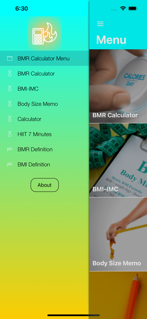 BMR Calculator Body Health - BMR BMI 및 건강 추적 도구 탐색 기능이 있는 BMR 계산기 건강 관리 앱의 메인 메뉴