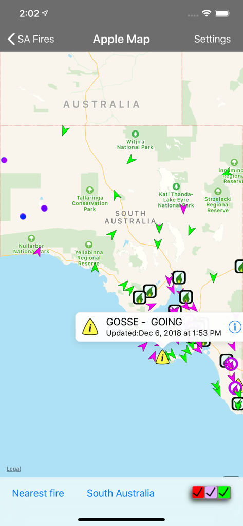 SA Fires - A map of South Australia in the SA Fires app showing active fire incidents and status markers