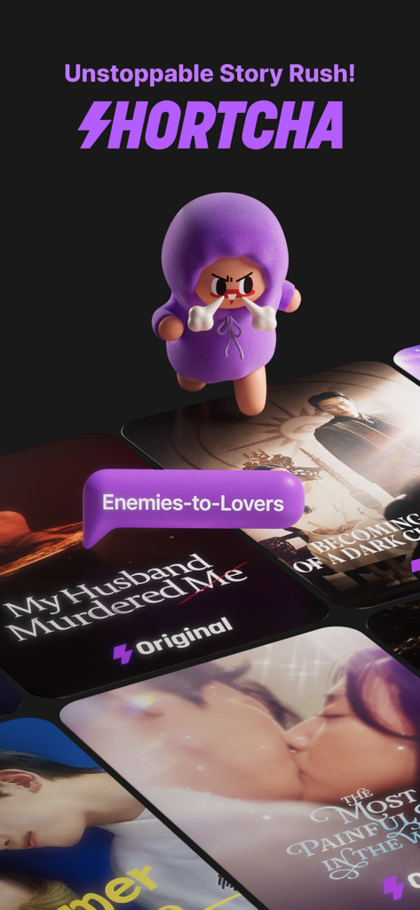 Shortcha app display showing a collection of short vertical drama titles and an enemies to lovers category tag