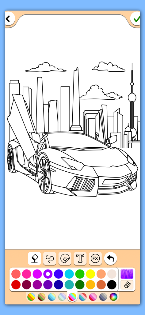Cars coloring book game - Interfaz de aplicación móvil que muestra una página para colorear de un coche con herramientas de selección de color