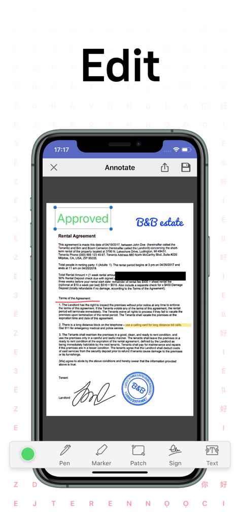 FineReader app interface showing professional document annotation with a digital signature and text highlights