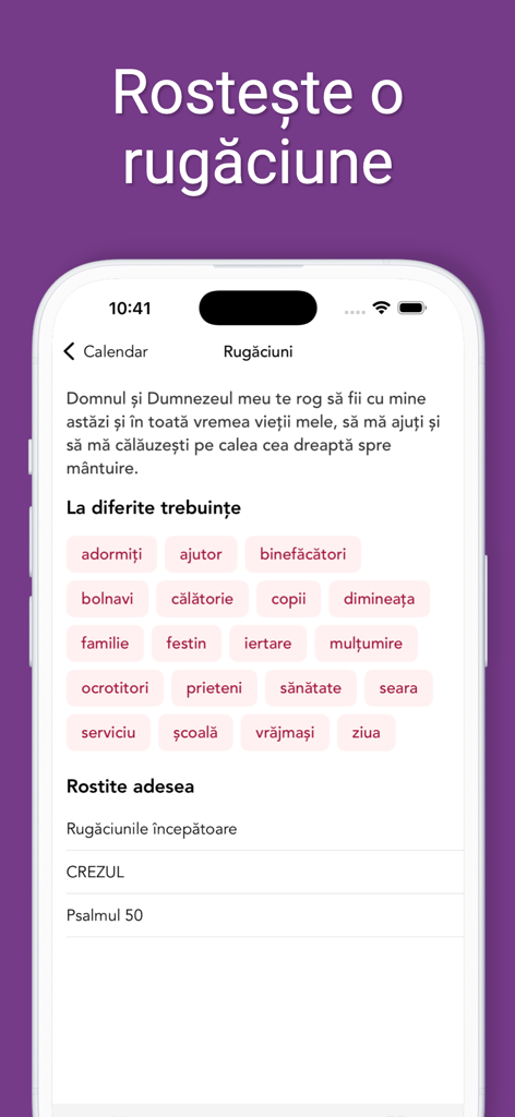 Pantalla de la aplicación rumana ortodoxa que muestra varias categorías de oraciones y textos religiosos comunes en rumano.