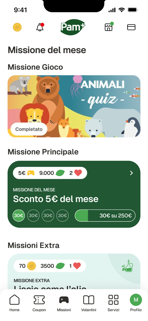 Pam Perte Plus app interface showing monthly grocery shopping missions and reward progress