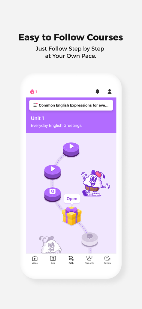 Capture d'écran de l'application Cake montrant un parcours d'apprentissage de langue étape par étape pour les salutations anglaises courantes avec des icônes de vidéo et de quiz.