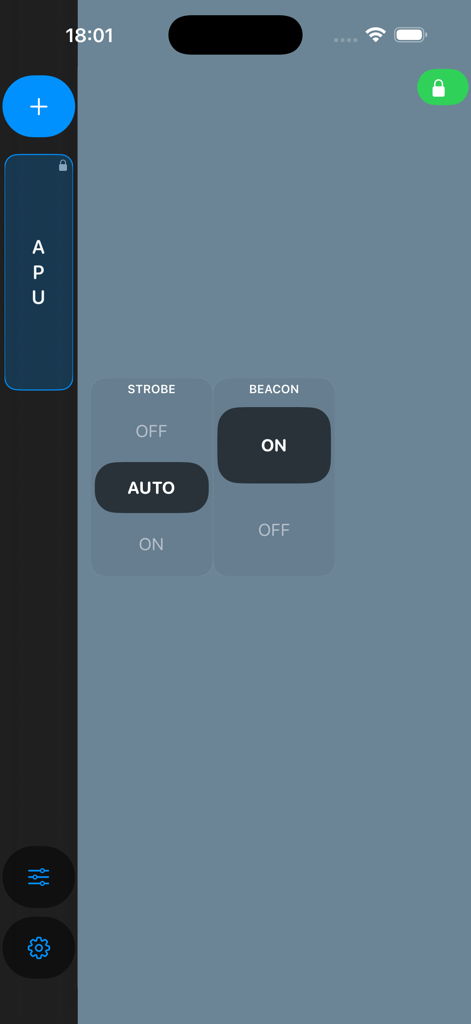 Panel de control de luces de aeronave personalizado en XPPanels para X-Plane mostrando interruptores de luz estroboscópica y de baliza.