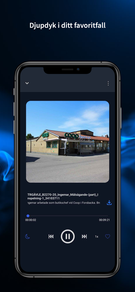 PrimeCrime - Audio player interface of the PrimeCrime app showing a Swedish court trial case
