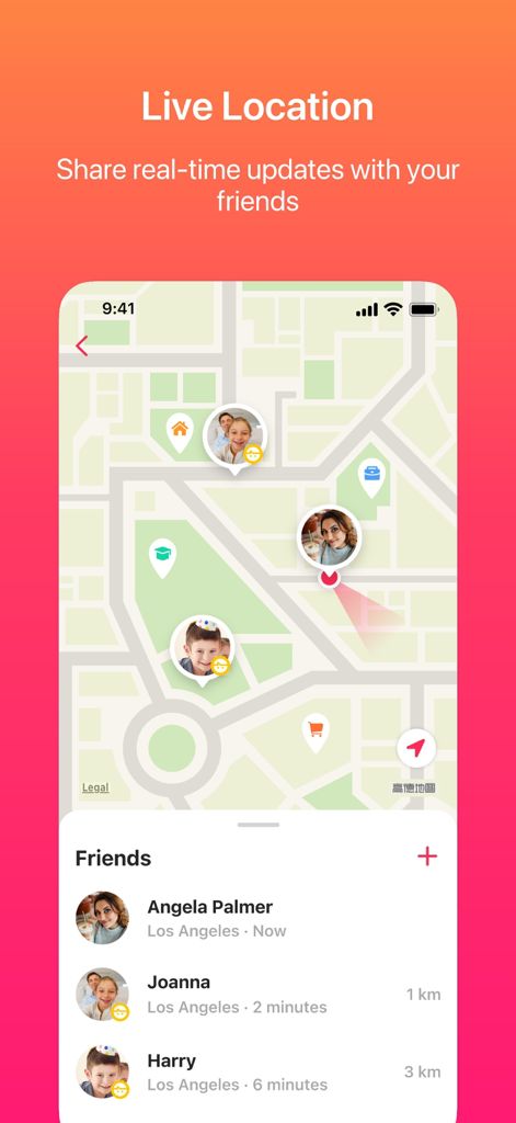 JusTalk - Video Chat & Calls - Interfaz de la aplicación JusTalk que muestra la ubicación en tiempo real compartida con amigos en un mapa