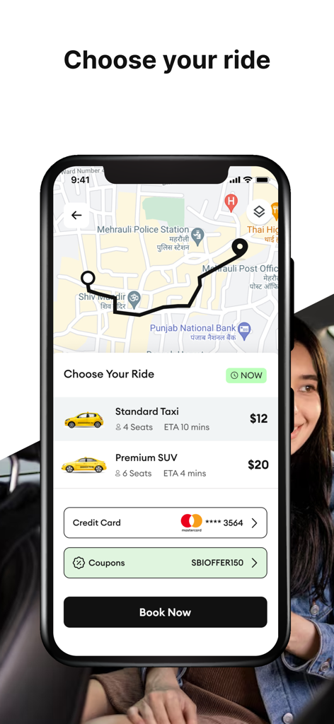 Mobile screen of AllRide Customer app showing taxi types prices and booking options