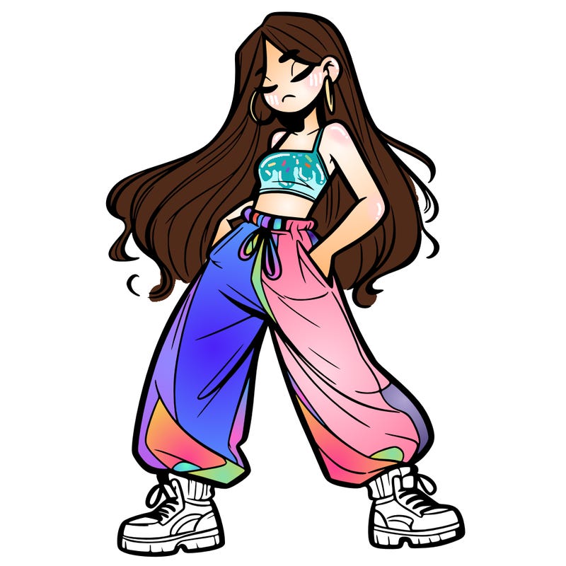 girl in baggy pants crop top and long hair
