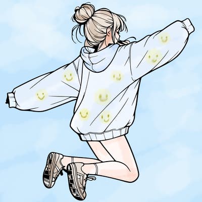 realistic girl jumping with a bun and oversized sweatshirt