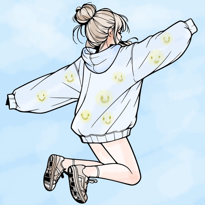 realistic girl jumping with a bun and oversized sweatshirt