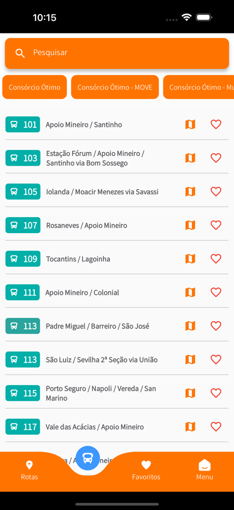 Interface móvel do aplicativo Otimo plus mostrando uma lista de linhas de ônibus e barra de pesquisa para o transporte de Belo Horizonte.