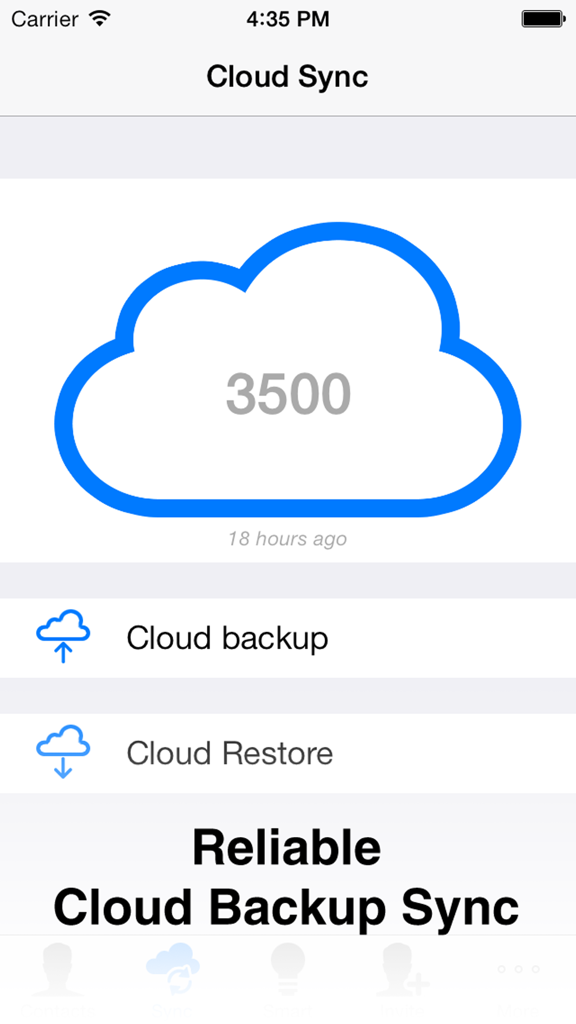 Interface of the Cloude app showing cloud sync status for 3500 contacts with options for backup and restore