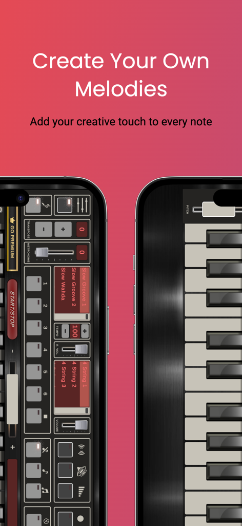 Mobile Org 2025 App-Oberfläche mit Klaviertastatur und Musikproduktionskontrollen