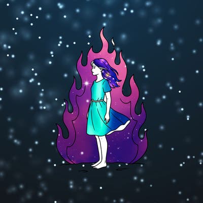 there is a fire but it's not so big but it's big but not too much and there is a girl standing in the middle