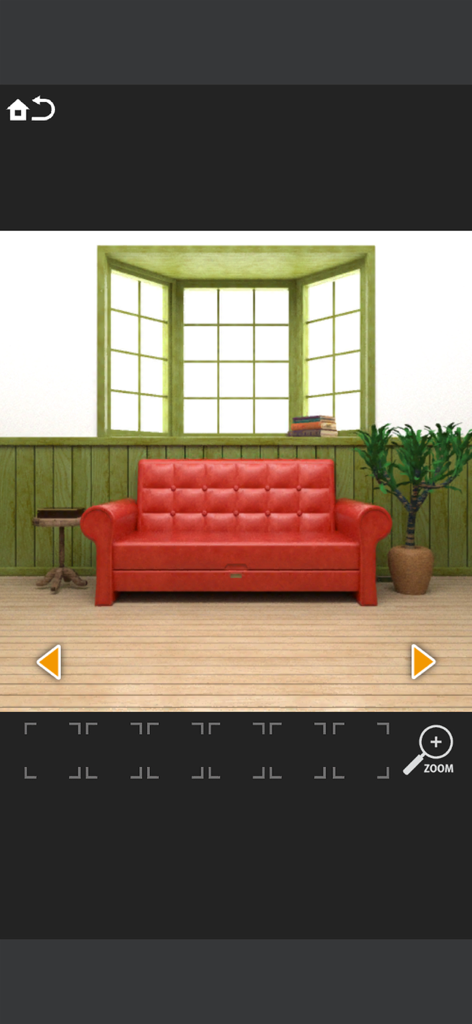 Room Escape Secret Code 3 モバイルゲームの窓の前に置かれた赤い革張りのソファ