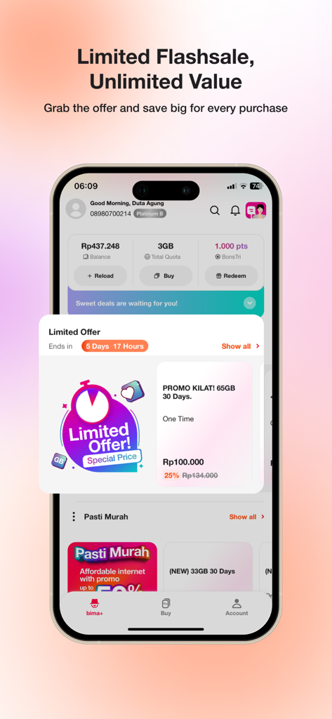 Bima plusアプリ画面。65GBモバイルデータパッケージの期間限定フラッシュセールとアカウント管理ダッシュボードを表示。