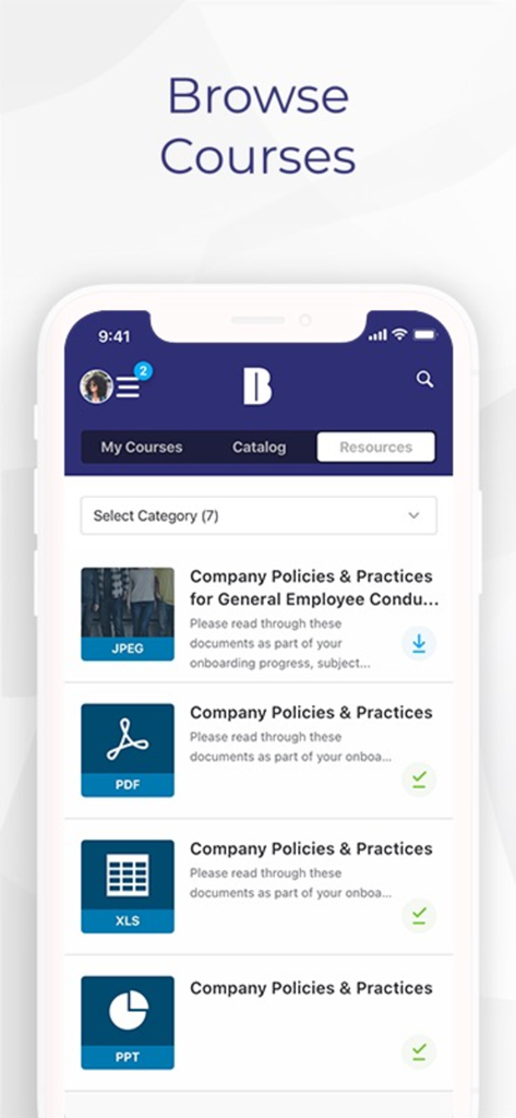 Absorb Learning mobile app interface showing corporate course catalog