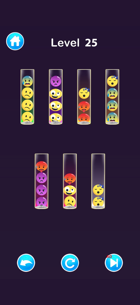 Sort Puzzle & Color Ball Games - Gameplay screenshot of level 25 in Sort Puzzle and Color Ball Games featuring emoji balls in glass tubes