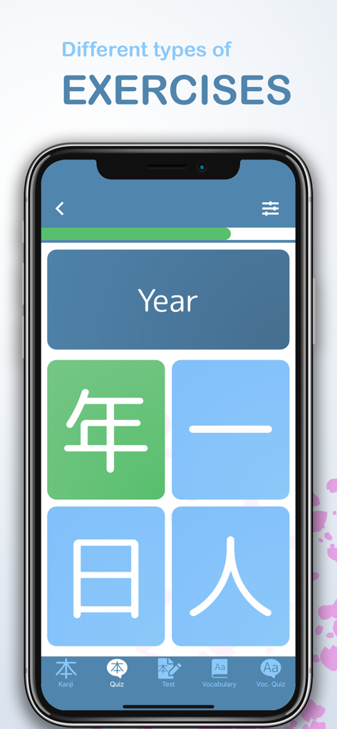 Kanji GO – Learn Japanese - Capture d'écran de l'application Kanji GO montrant un quiz à choix multiples pour les caractères kanji japonais.