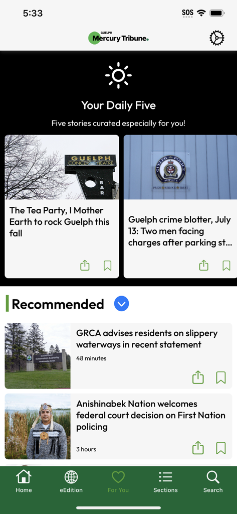 Mobile interface of the Guelph Mercury Tribune app showing curated local news and recommended stories
