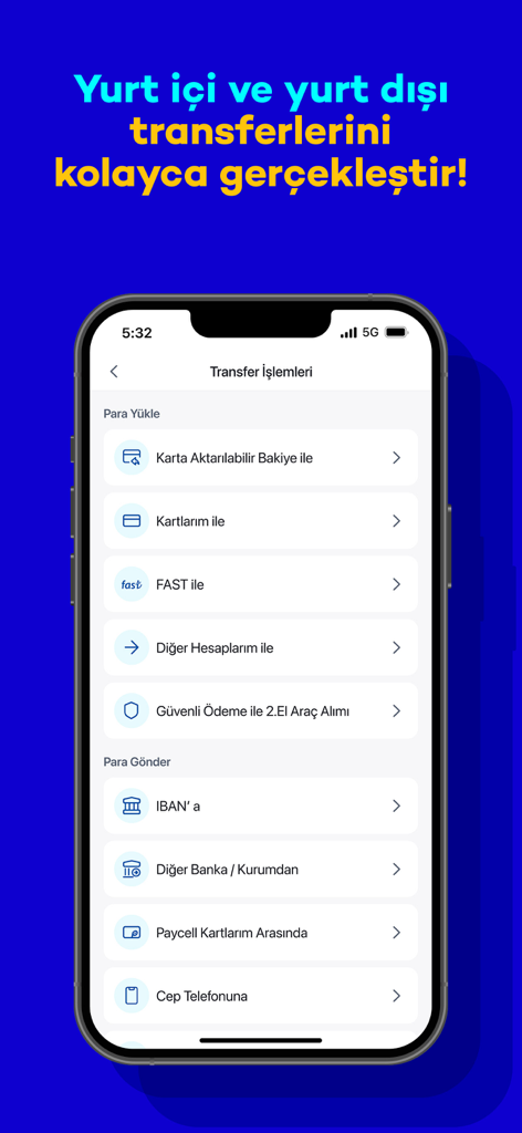 Paycell app interface showing domestic and international money transfer and loading options