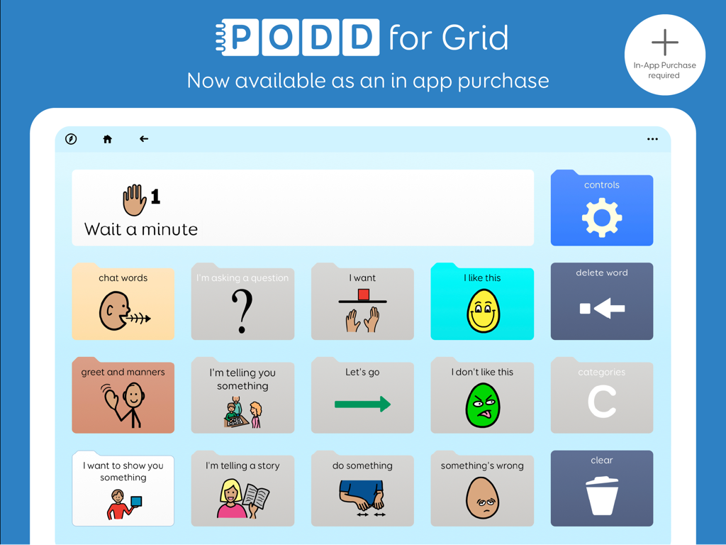 Screenshot of the PODD communication grid on Grid for iPad featuring various symbol tiles for assisted speech.