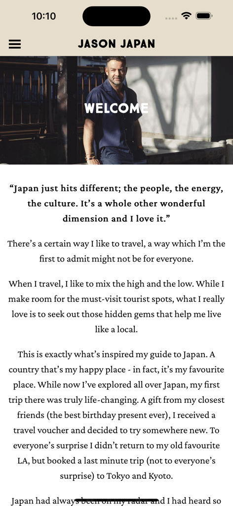 Pantalla de bienvenida de la aplicación Jason Japan Travel con el creador Jason Grant