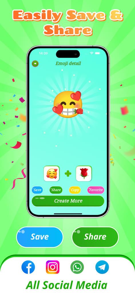 Emoji Merge - DIY Icon Mixer - A mobile interface showing a custom emoji with options to save and share on social media platforms