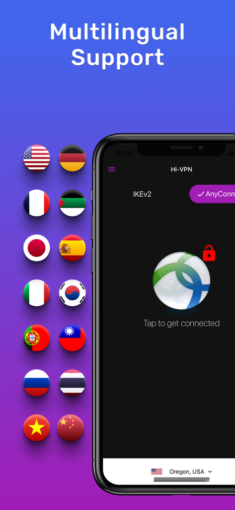 Hi-VPN app interface showing multilingual support with international flag icons