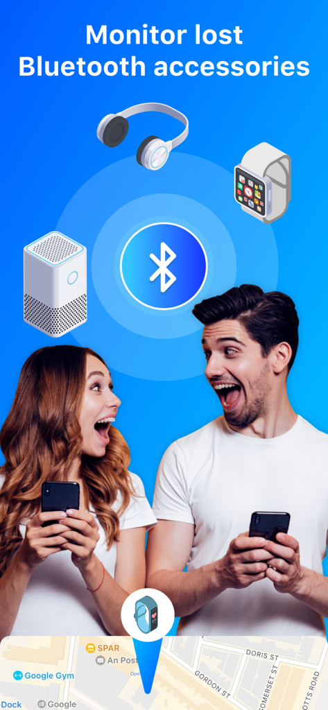 Find My: Air Headphone Phone - A happy couple using their smartphones to track lost bluetooth accessories like headphones and smartwatches on a map.