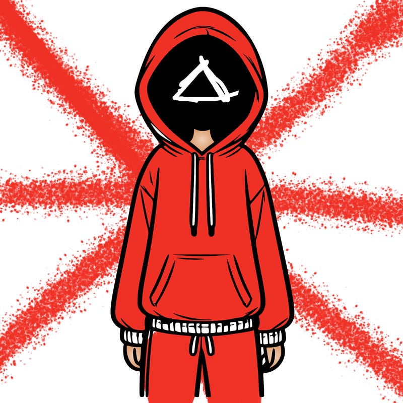 faceless girl in a tracksuit with a hood on and no hair