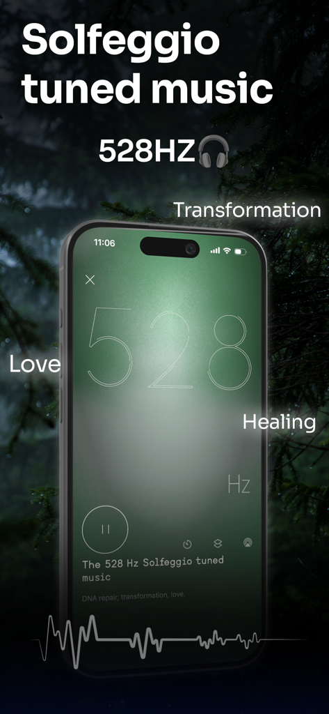 Anima app interface showing 528Hz Solfeggio tuned music for healing and transformation on a smartphone
