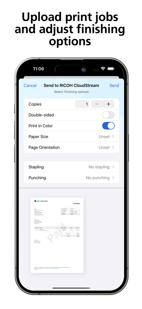 RICOH CloudStream - RICOH CloudStream app interface showing document finishing options such as copies and color printing before upload