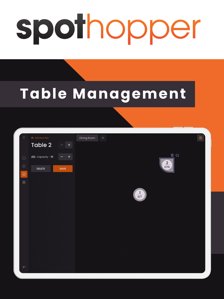 Table Management - iPad screen showing the floor plan editor in the SpotHopper Table Management app