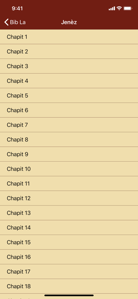 List of chapters for Genesis in the Haitian Creole Bible mobile app.